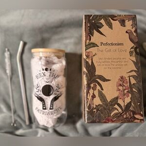 “Hex the Patriarchy” 16oz Hot/Cold Glass w/Lid, Metal Straw, Brush and Box.